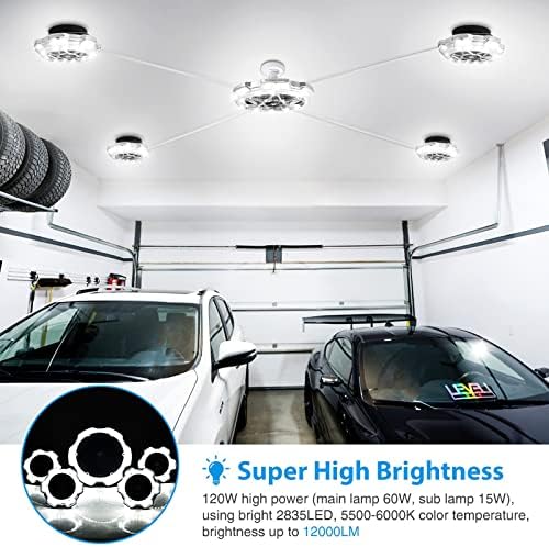 CoAecj 120W garaža svjetlost okrugla osvjetljenja s 5 glava, svijetlo LED garažno svjetlo, LED žarulje za staju