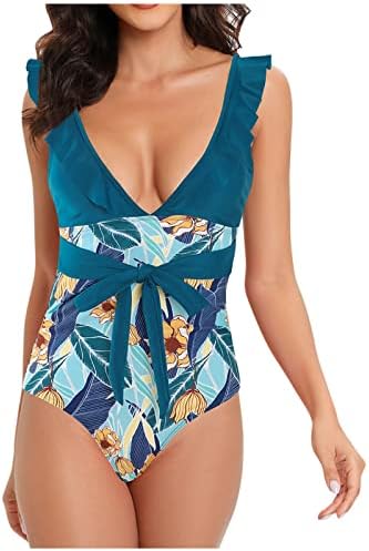 Pimoxv ženski kupaći kostim ruffiles duboki v vrata za kontrolu trbuha Monolkinis kupaći kostim visoki struk kupaći kostim