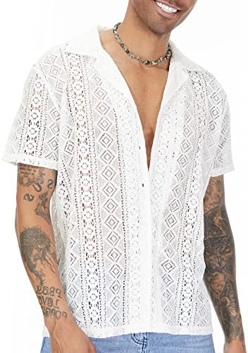 Muška čipkasta Majica kratkih rukava s kratkim rukavima na kopčanje svečana otvorena prozirna košulja