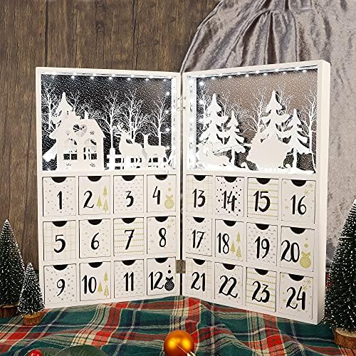 Osvijetljeni bijeli Adventski kalendar, osvijetljena drvena božićna knjiga, vrhunska božićna ručno oslikana, 24 kutije za